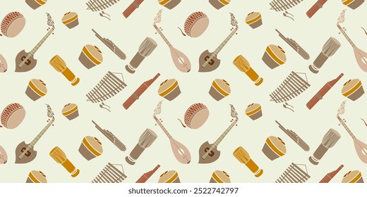 Tela de patrón sin costuras de estilo tailandés e instrumentos musicales decorados de Ponglang, como el khaen, pong lang y laúd del noreste, se colocan sobre un fondo amarillo claro.