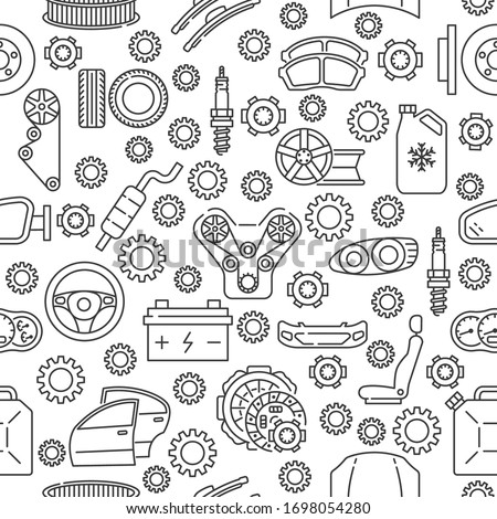 Seamless auto service pattern with line icon. Gray auto parts icons on white background. Сток-фото © 