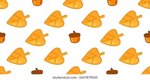 Padrão de folha de milho de outono sem costura. Padrão sem costura com folhas de outono amarelas e bolotas marrons no fundo branco. Estilo plano, cores sazonais quentes.