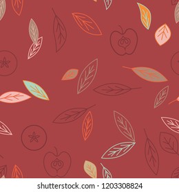 Seamless autumn apples pattern. Foliage in deep red colors. Outlined elements. Scale as large as you want without loosing quality.