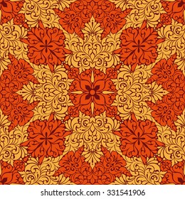 Seamless autumn background with abstract ornate gold maple leaves. Nature ornament with floral decorative elements. Bright foliage pattern