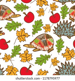 Seamless autumn background with animals-hedgehogs, turtles, and colorful leaves.