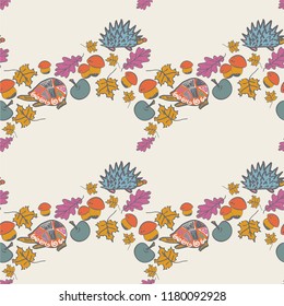 Seamless autumn background with animals-hedgehogs, turtles, and colorful leaves. 