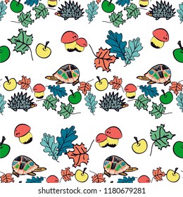 Seamless autumn background with animals-hedgehogs, turtles, and colorful leaves. 