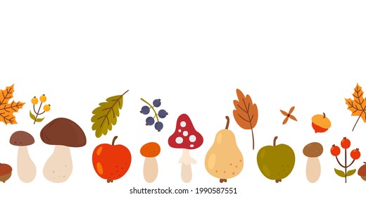 seamless autumn background with berries, mushrooms, leaves in cartoon style. vector illustration