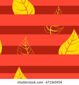 Seamless autumn background. Botanical vector pattern. The leaf fall. Bright yellow 
leaves on a striped red background.