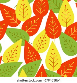 Seamless autumn background. Botanical vector pattern. The leaf fall. Colorful 
leaves on a white background