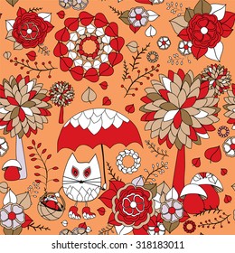 seamless autumn background with cartoon cat, umbrella, tree and flower