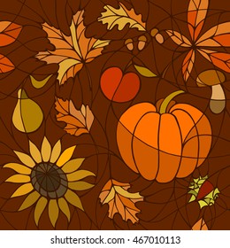 Seamless autumn background with different autumn leaves, fruits, vegetables and sunflower on a brown background. Golden autumn pattern. Abstract texture. 