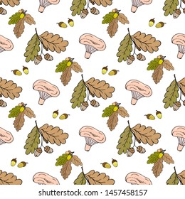 Seamless autumn background with falling acorns and waves mushrooms, Lactárius torminósus
