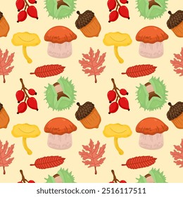 Seamless autumn background with forest plants - leaves, berries, chestnut, mushrooms and acorns on a white background