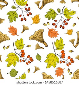 Seamless autumn background with autumn leaves, clusters of hawthorn berries and mushrooms