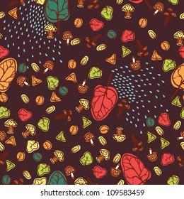 Seamless autumn background with leaves, mushrooms and trees