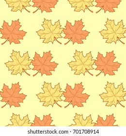 Seamless autumn background with leaves in orange, beige, brown and yellow. Ideal for Wallpaper, fabric, gift paper, pattern fills, background of web pages, autumn greeting cards.