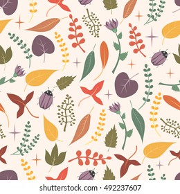 Seamless autumn background with lovely bugs, leaves for your design
