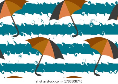 Seamless autumn background. Multicolored umbrellas from rain on zigzag blue background. Vector illustration for baby textiles, school supplies, covers and design backdrops.