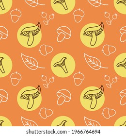 Seamless autumn background with mushrooms. Orange pattern for printing on fabric and packaging paper.