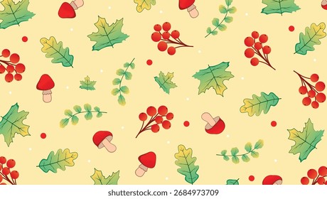 Seamless autumn background for packages and holidays. Mushroom and leaf pattern on autumn theme vector
