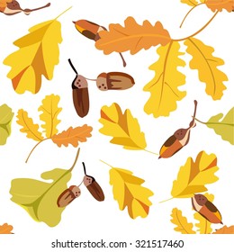 Seamless autumn background pattern with oak leaves, golden and green, and acorns, scalable vector graphic