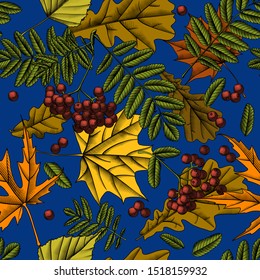 Seamless autumn background. Rowan branch with berries and autumn leaves. Vintage prints stylized drawing. Vector illustration