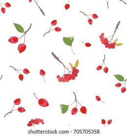 Seamless autumn background of small apples and Rowan on a white background. 