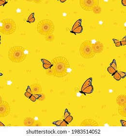 Seamless Autumn background of sunflowers and butterfly flying on grass fields,Vector pattern cartoon butterfly floral on yellow and orange background. Colourful pattern for Mid Autumn and Fall season
