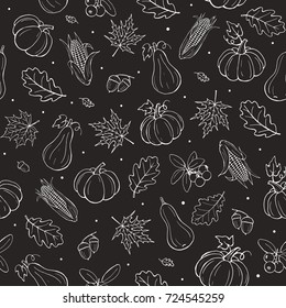 Seamless autumn background white on black. Tiled fall pattern with leaves, pumpkins and cranberries.