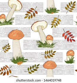 Seamless autumn background with wild mushrooms redheads and autumn leaves on a background of horizontal stripes