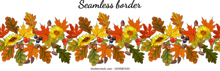 Seamless autumn border with flowers, berries, nuts, leaves. isolated on white. Vector hand drawn pattern. Excellent print for greeting cards, clothes, bed linens, fabric, textile, wallpaper, wrapping 