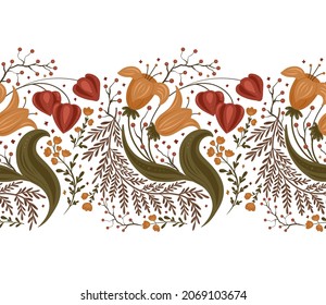 Seamless autumn border with flowers, berries and physalis. Floral ornament on white background. Vector natural frieze
with bouquets for frame and tape