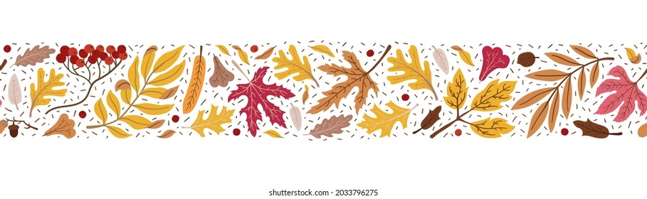 Borde otoñal sin foco hecho de ilustraciones de doodle - rowan caído, arce, hojas de roble, bayas de rowan, agujas de pino. Decoración de otoño colorida y luminosa sobre fondo blanco. Vector.