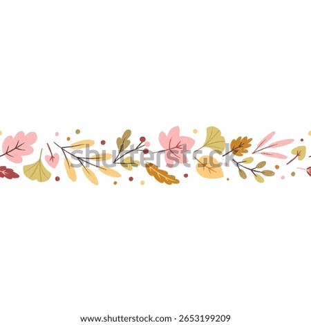 Seamless autumn border with pastel fall leaves. Horizontal vector divider, perfect for headers, invitations, seasonal design. Isolated clipart in soft warm colors. Textured hand-drawn illustration