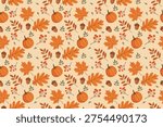 Seamless autumn botanical pattern featuring warm orange leaves, flowers, and fruits. Vintage floral illustration perfect for seasonal textile and wallpaper design