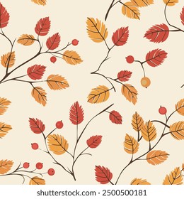 A seamless autumn botanical pattern featuring branches with red and yellow leaves and berries on a light background. 