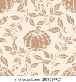 Seamless autumn botanical pattern featuring a central stylized pumpkin surrounded by loose leafy branches and hand-drawn foliage. The warm monochromatic palette and organic linework create a cozy harvest aesthetic