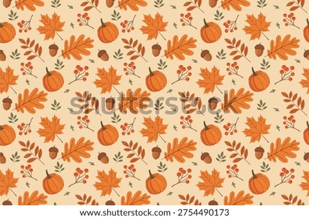 Seamless autumn botanical pattern featuring warm orange leaves, flowers, and fruits. Vintage floral illustration perfect for seasonal textile and wallpaper design