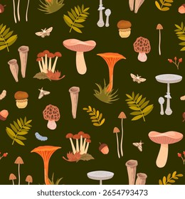 Padrão botânico de outono sem costura com vários cogumelos com folhas, bolotas, mariposas, bagas em um fundo verde escuro. Ótimo para embalagem, loja temática, papel de parede, roupa de cama, toalha de mesa, roupas