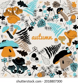 seamless autumn card with mushrooms and leaves, vector design for paper, fabric and other surface 