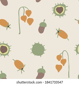 Seamless autumn chestnut, rosehip, acorn and physalis vector pattern. Perfect for wallpaper, gift paper, pattern fills, web page background, fall greeting cards.