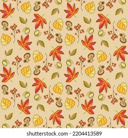 The seamless autumn color pattern design. includes red and yellow leaves, red berries, and mushrooms.