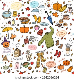 Seamless autumn colorful doodle pattern with isolated elements