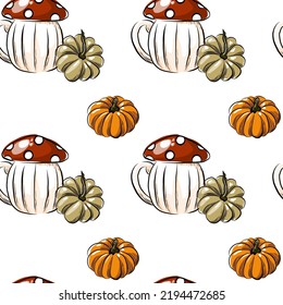 Seamless Autumn culinary pattern Pattern of mugs in the form of fly agaric and small pumpkins Print for printing. Background.