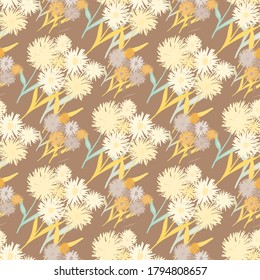 Patrón de doodle otoñal sin foco con ramo de flores amarillas florales. Fondo castaño pastel. Diseño creativo. Ideal para envolver papel, textil, papel de tela y papel pintado. Ilustración vectorial.