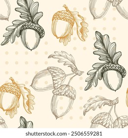 Seamless Autumn Fall Leaves Background Pattern. Seamless oak leaf and acorn pattern.