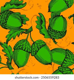 Seamless Autumn Fall Leaves Background Pattern. Seamless oak leaf and acorn pattern.