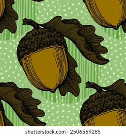 Seamless Autumn Fall Leaves Background Pattern. Seamless oak leaf and acorn pattern.