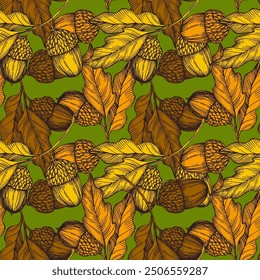 Seamless Autumn Fall Leaves Background Pattern. Seamless oak leaf and acorn pattern.