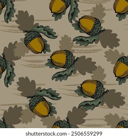 Seamless Autumn Fall Leaves Background Pattern. Seamless oak leaf and acorn pattern.