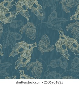 Seamless Autumn Fall Leaves Background Pattern. Seamless oak leaf and acorn pattern.