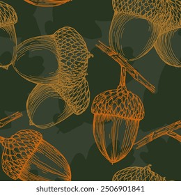Seamless Autumn Fall Leaves Background Pattern. Seamless oak leaf and acorn pattern.